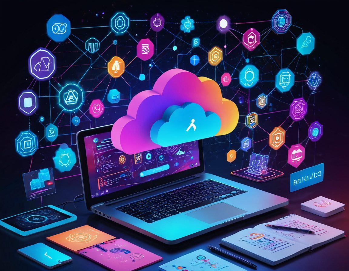 A futuristic digital toolkit bursting with tools like AI icons, cloud technology, data analytics graphs, SEO symbols, and a digital notebook, all interconnected with glowing lines. The background is an endless space of vibrant, swirling colors symbolizing limitless possibilities. super-realistic. vibrant colors. futuristic.