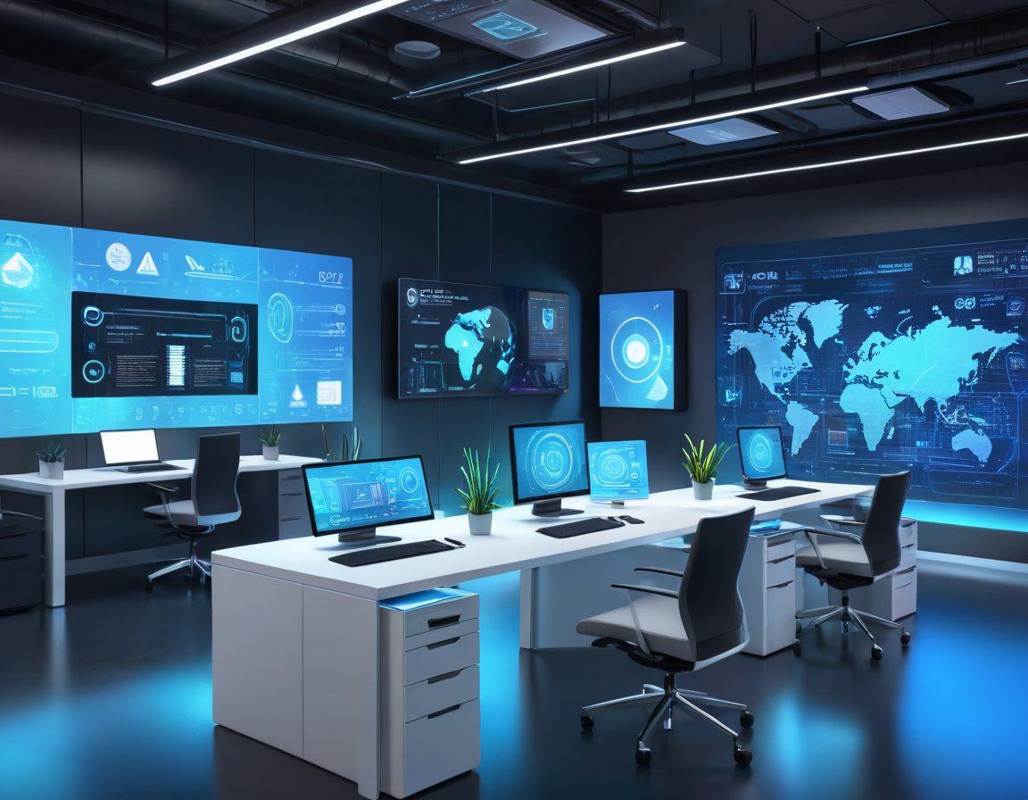 A futuristic workspace with holographic screens, displaying various digital productivity tools, surrounded by a sleek, modern office setup. The scene is buzzing with vibrant colors, showcasing an organized yet dynamic environment, with icons and interfaces for project management, time tracking, and collaboration tools. 3D. vibrant colors. super-realistic.